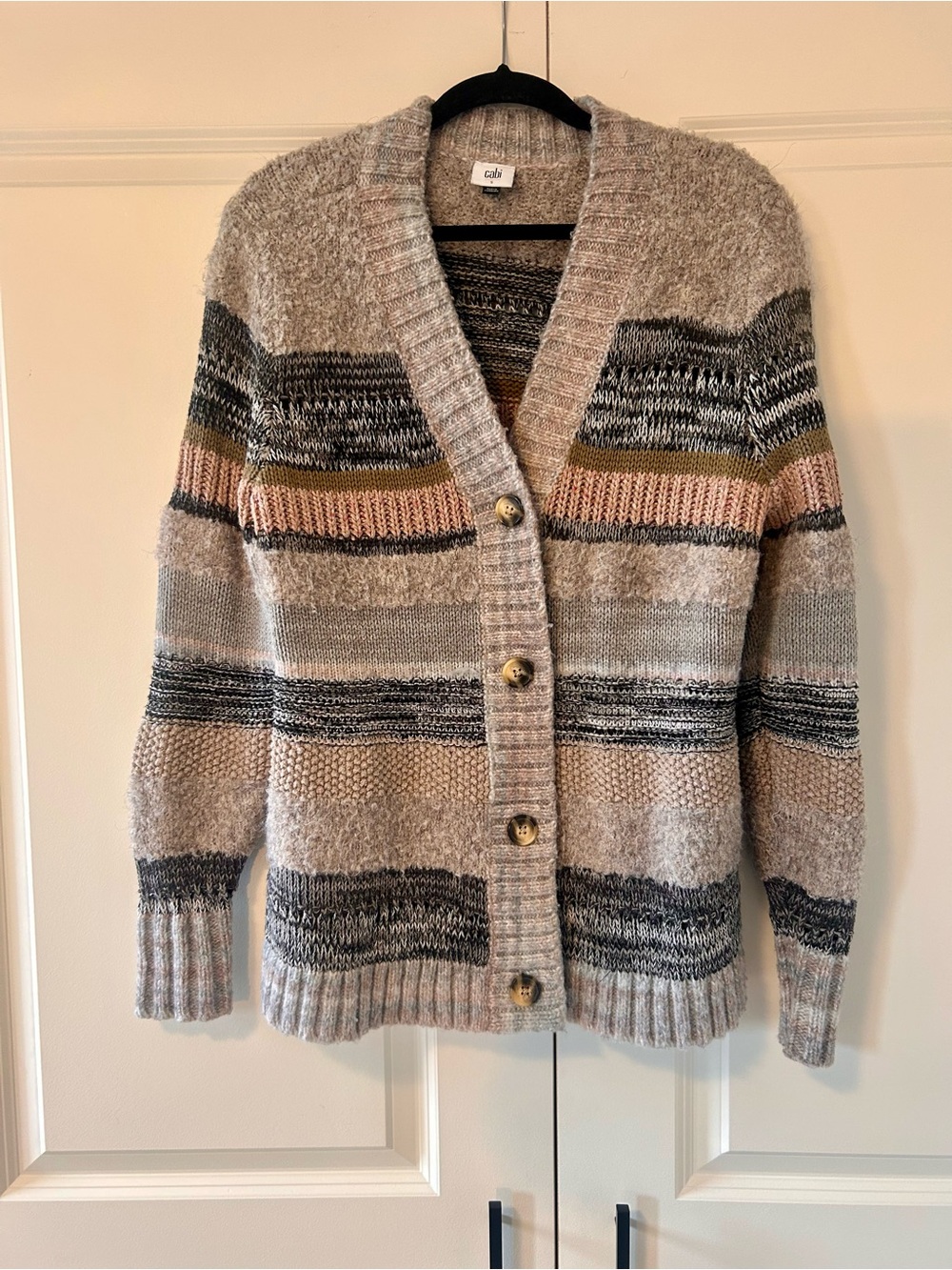 CAbi Neutral Stripe Button-Front Cardigan in Beige, Pink, Olive & Gray
